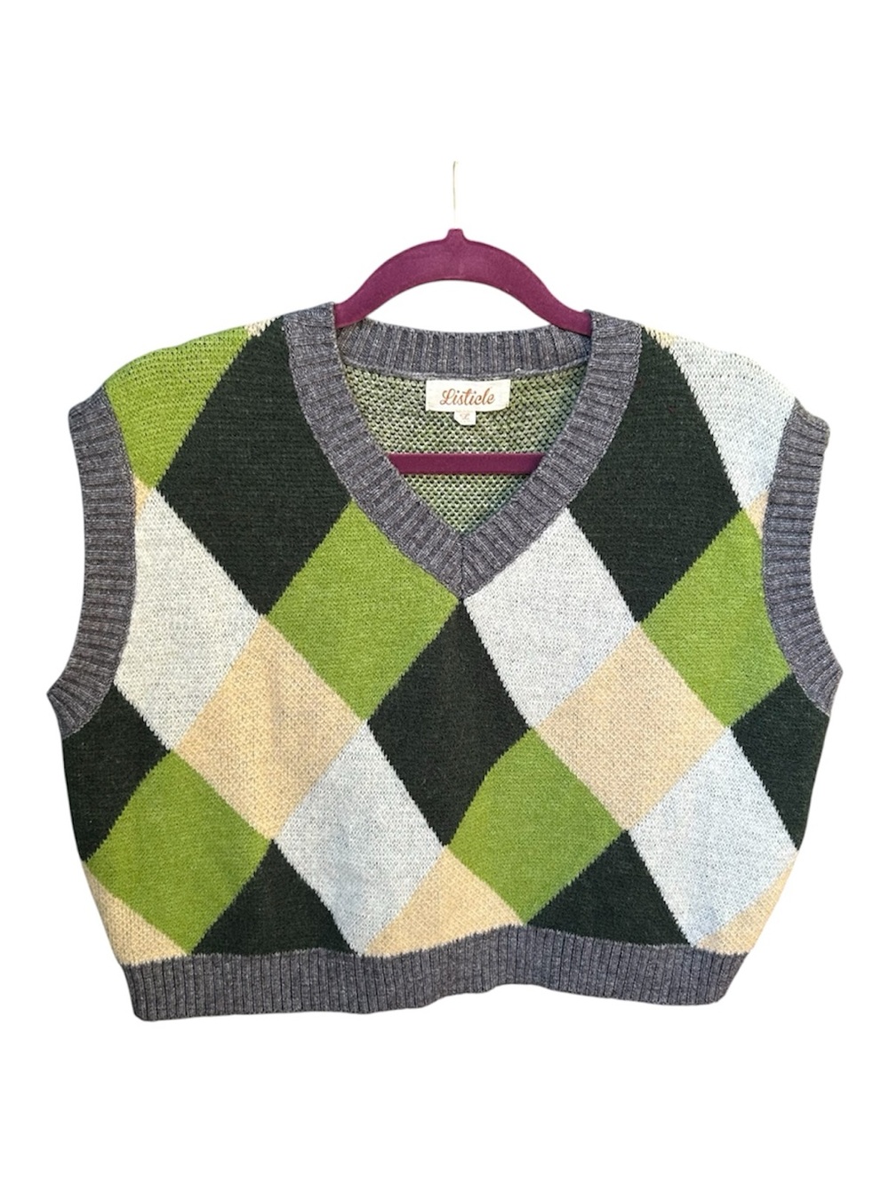 Listicle Green, Dark Green & Gray Argyle V-Neck Sweater Vest
